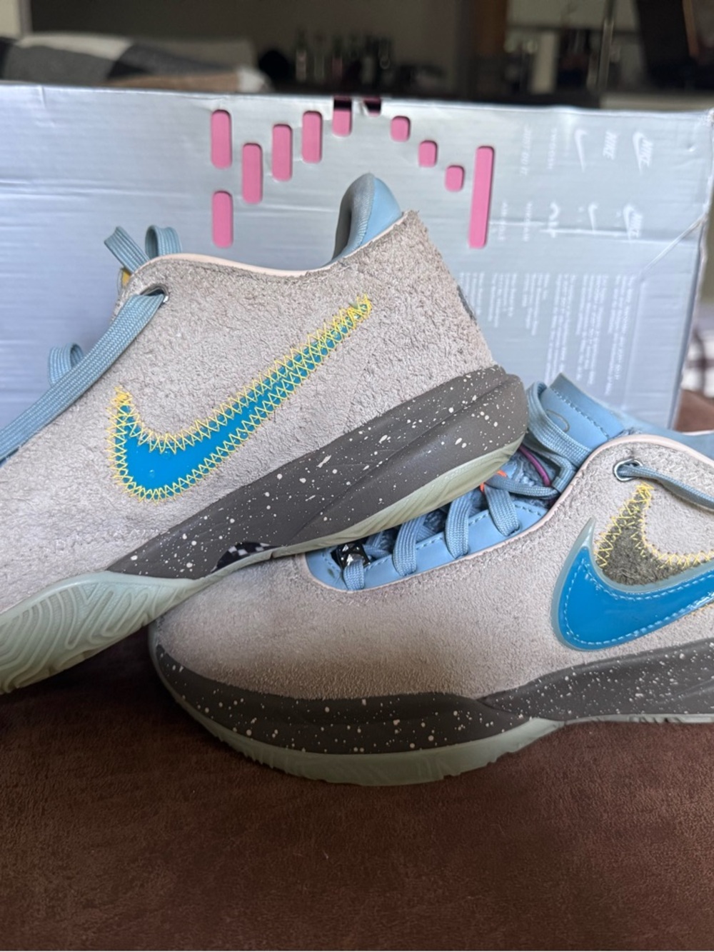 Nike lebron xx Suede Sneakers in Light Beige with Bright Blue Swoosh